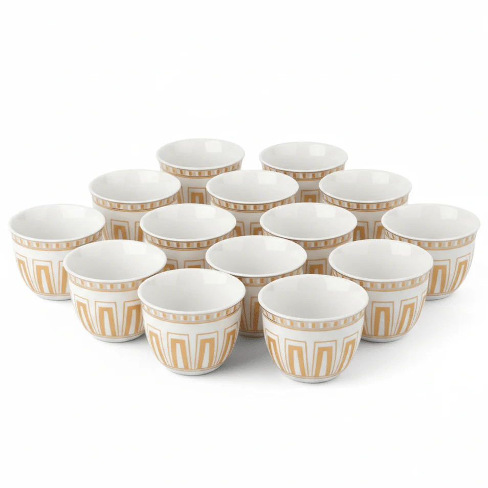 Solecasa 12pcs White Ceramic Cawa Cup Set with Light Peach Decorative Design 80ml Elegant Mini Cups for Coffee Tea and Home Serving Use