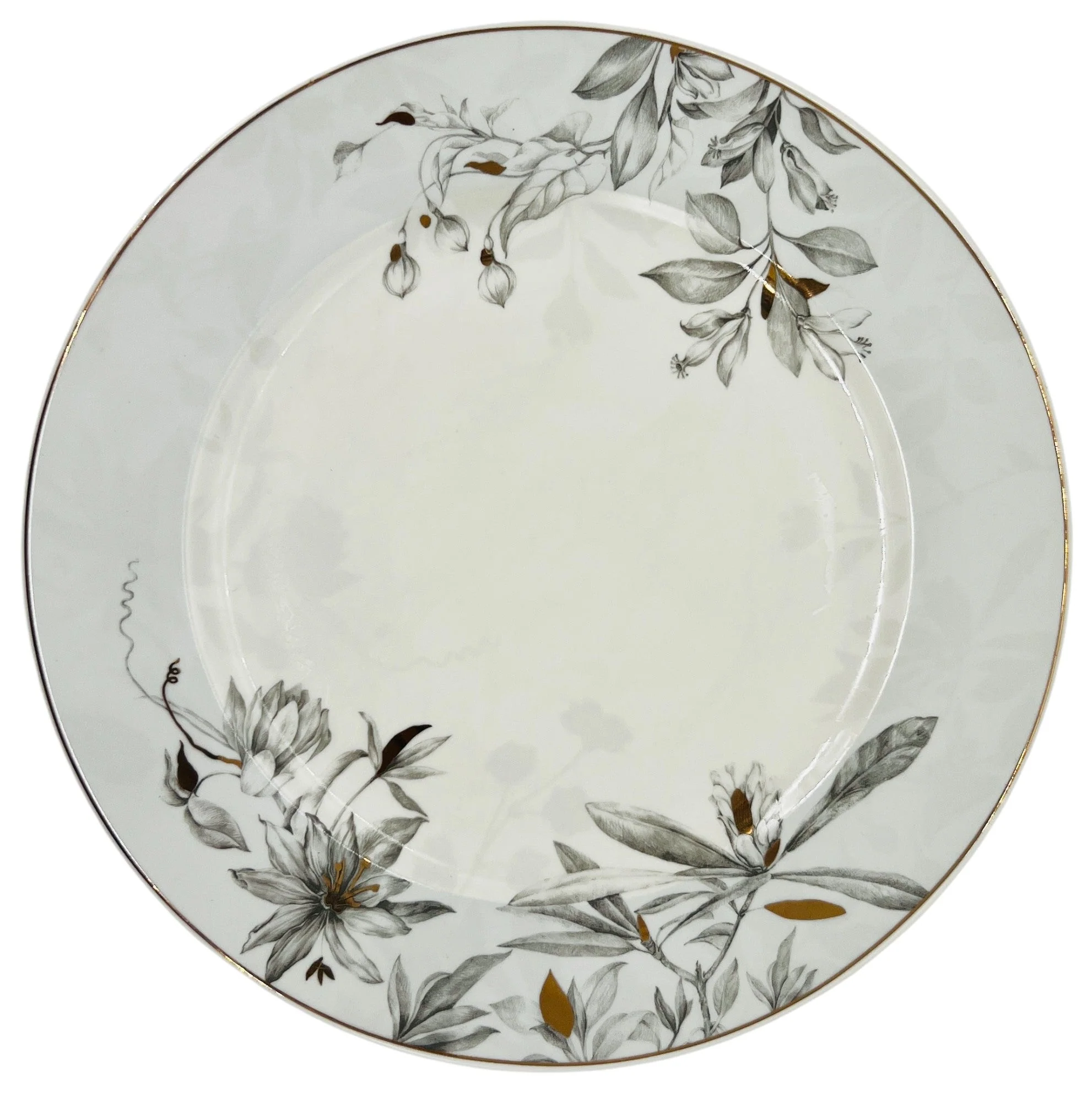 Solecasa Porcelain Dinner Plate 10.75", White-Grey Floral Designs