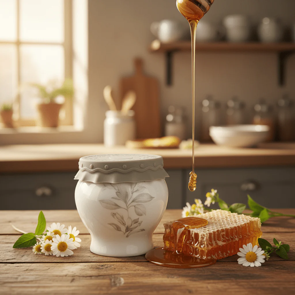 Solecasa White Ceramic Honey Jar with Floral Design & Grey Silicone Lid | 300ml - Image 2