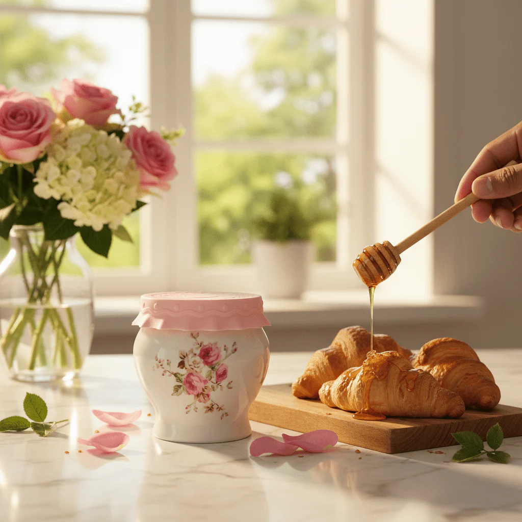 Solecasa White Ceramic Honey Jar with Floral Design & Pink Silicone Lid — 300ml - Image 3