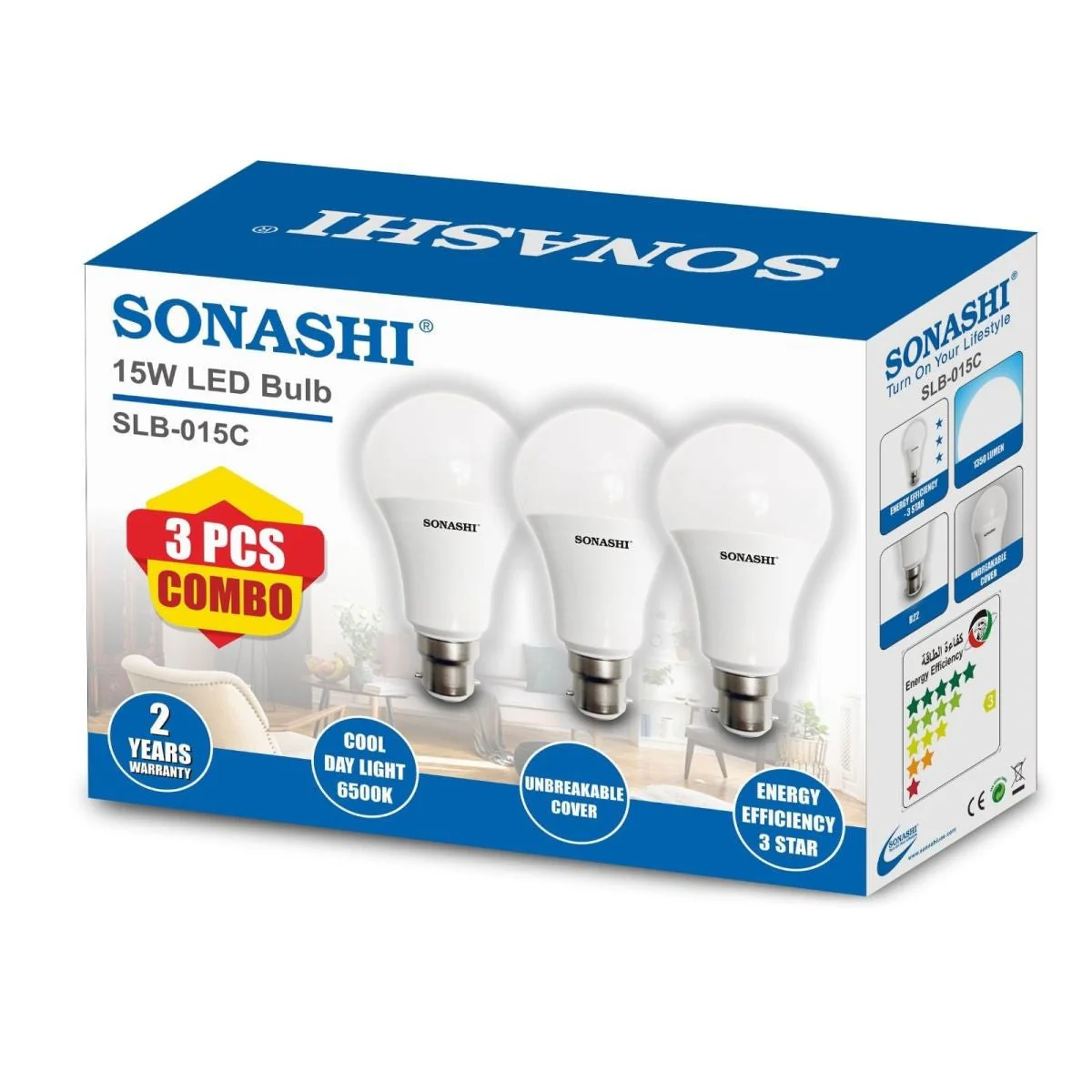 Sonashi 3pcs Combo LED Bulb 15W, 1350 Lumen, Cool Day Light 6500K, SLB-015C