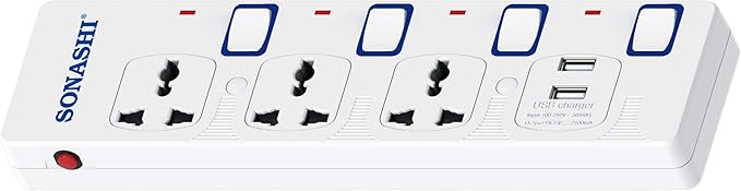 SONASHI Extension Socket 3Way with 2 USB Output Port 3250 Watt, 3 meter Cord with Overheat Protection, SES-904U White