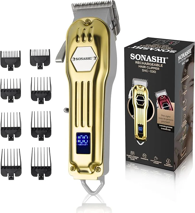 SONASHI Rechargeable Hair Clipper, Sharp & Carbon Steel blade, 8 Comb Attachment,With LED Indicator, Continuous 3 Hour Working Time- SHC-1061
