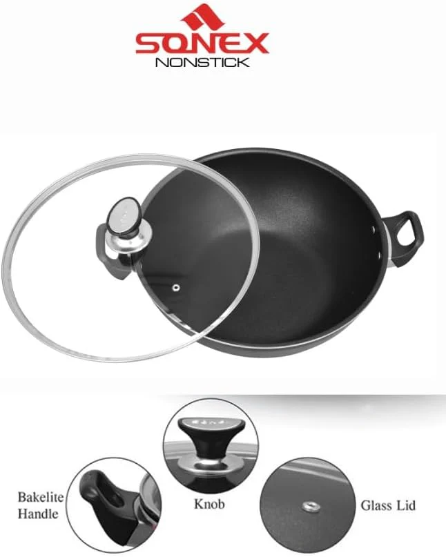 SONEX Non-Stick Cooking Wok Pan with Glass Lid 36cm - Image 3