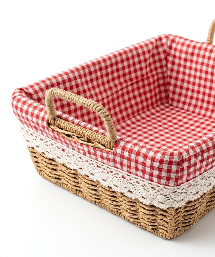 Square Woven Storage Basket with Gingham Lining & Handles - Image 2