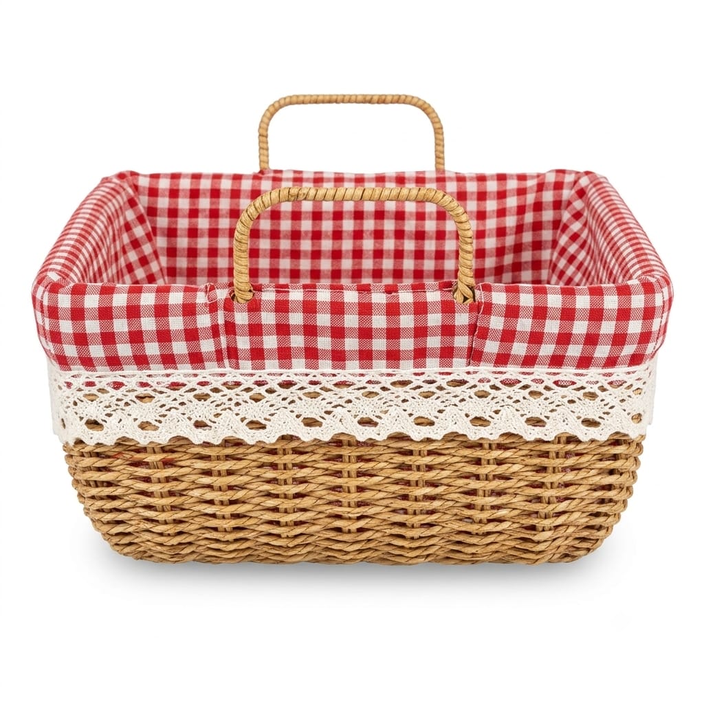 Square Woven Storage Basket with Gingham Lining & Handles - Image 3