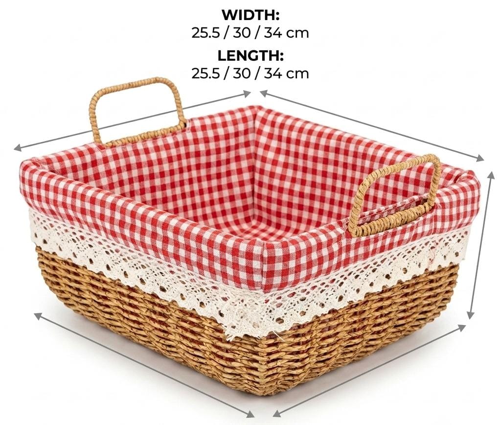 Square Woven Storage Basket with Gingham Lining & Handles - Image 5
