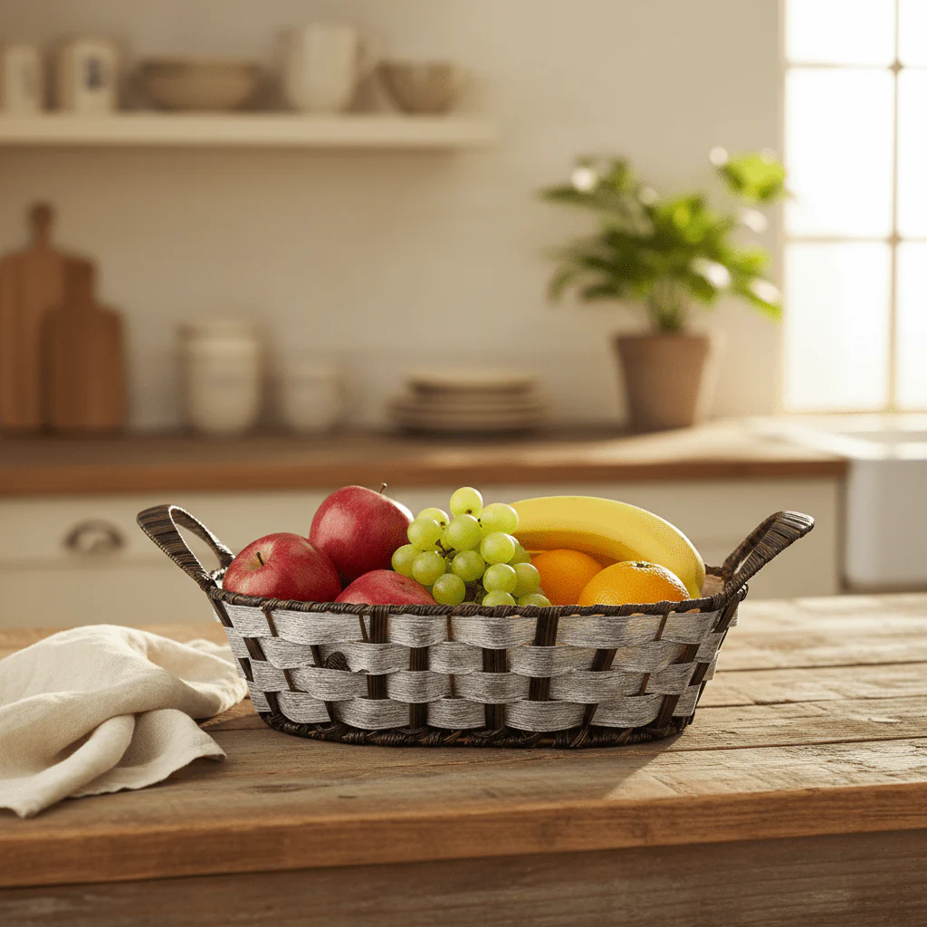 Stylish Grey & Brown Oval Rattan Utility Basket with Comfortable Handle for Storage Display and Organizing 31×24 cm - Image 2