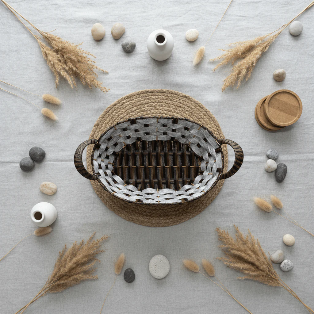 Stylish Grey & Brown Oval Rattan Utility Basket with Comfortable Handle for Storage Display and Organizing 31×24 cm - Image 4