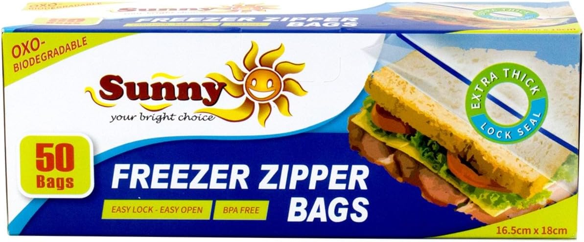 Sunny Zipper Bags 16.5cm*18cm, 50 Bags, Extra Thick, Easy Lock&Open, Oxo-Biodegradable