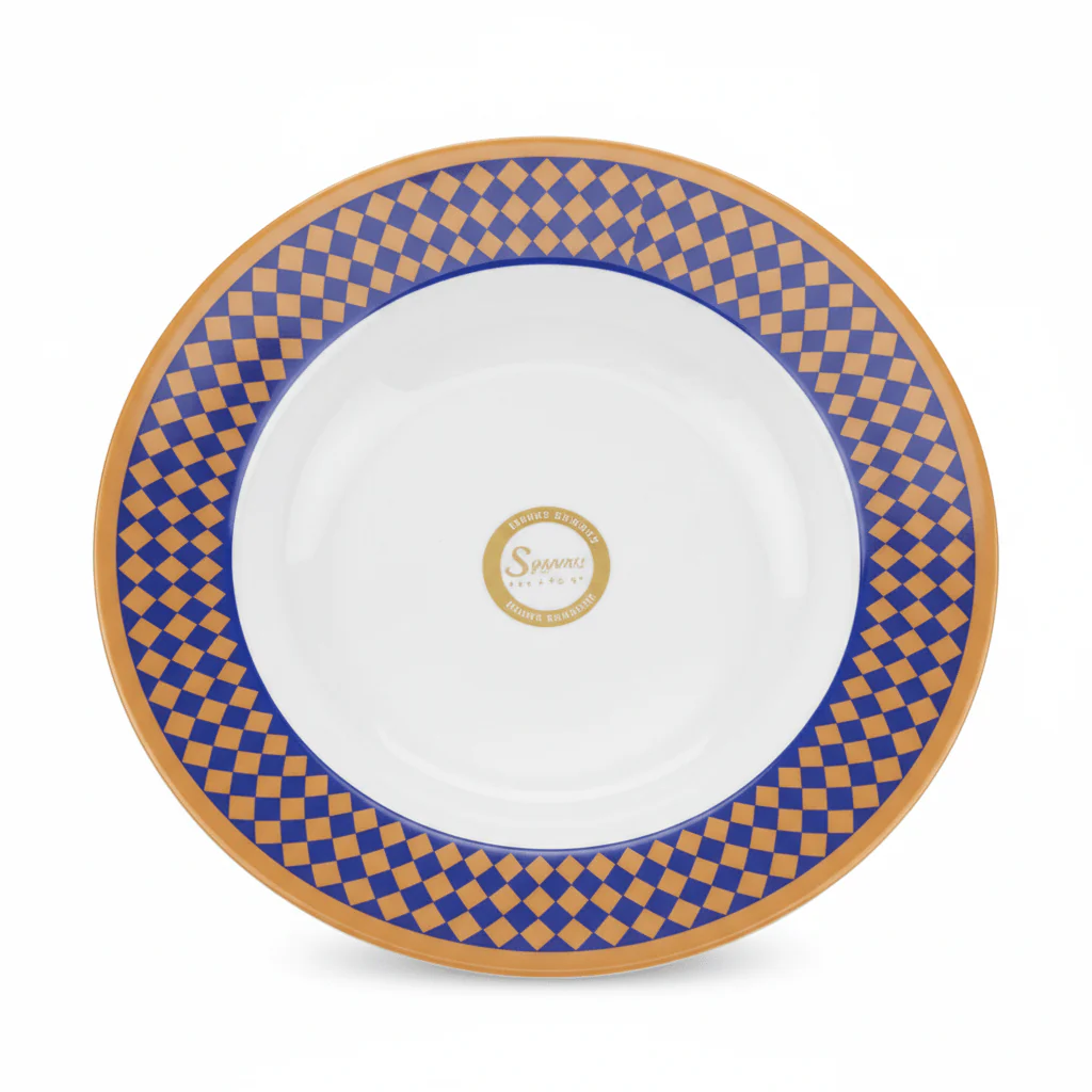 Supreme Round White Melamine Soup Plate with Royal Blue & Golden Checkered Rim Design, Durable Lightweight Tableware for Daily Dining – 8 Inch