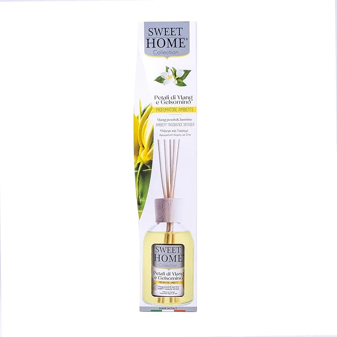 Sweet Home Ambient Fragrance Reed Diffuser, Jasmine & Ylang Leafs - 100ml, Floral and Exotic Aroma, Ideal for Living Rooms, Bedrooms, and Gifting, Made In Italy.