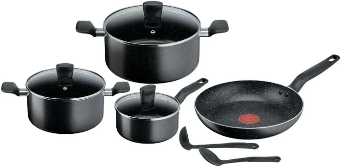 Tefal Dark Stone 9 pc set Non-stick Cooking Set, Safe coating Cookware, Heat indicator, Ergonomic handles, Glass lid
