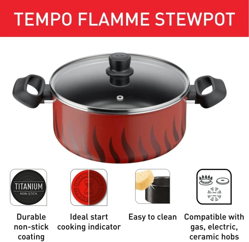 Tefal Tempo Flame 28cm Non-Stick Casserole with Lid – Red Aluminium (C3045485) - Image 2