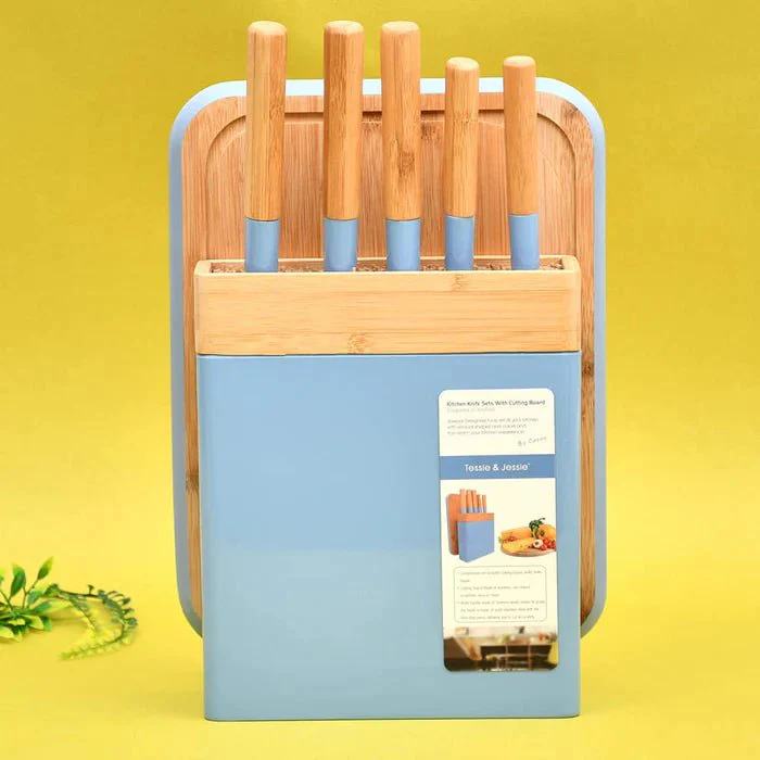 Tessie & Jessie Wooden Knife Sets With Cutting Board-Blue&Wooden