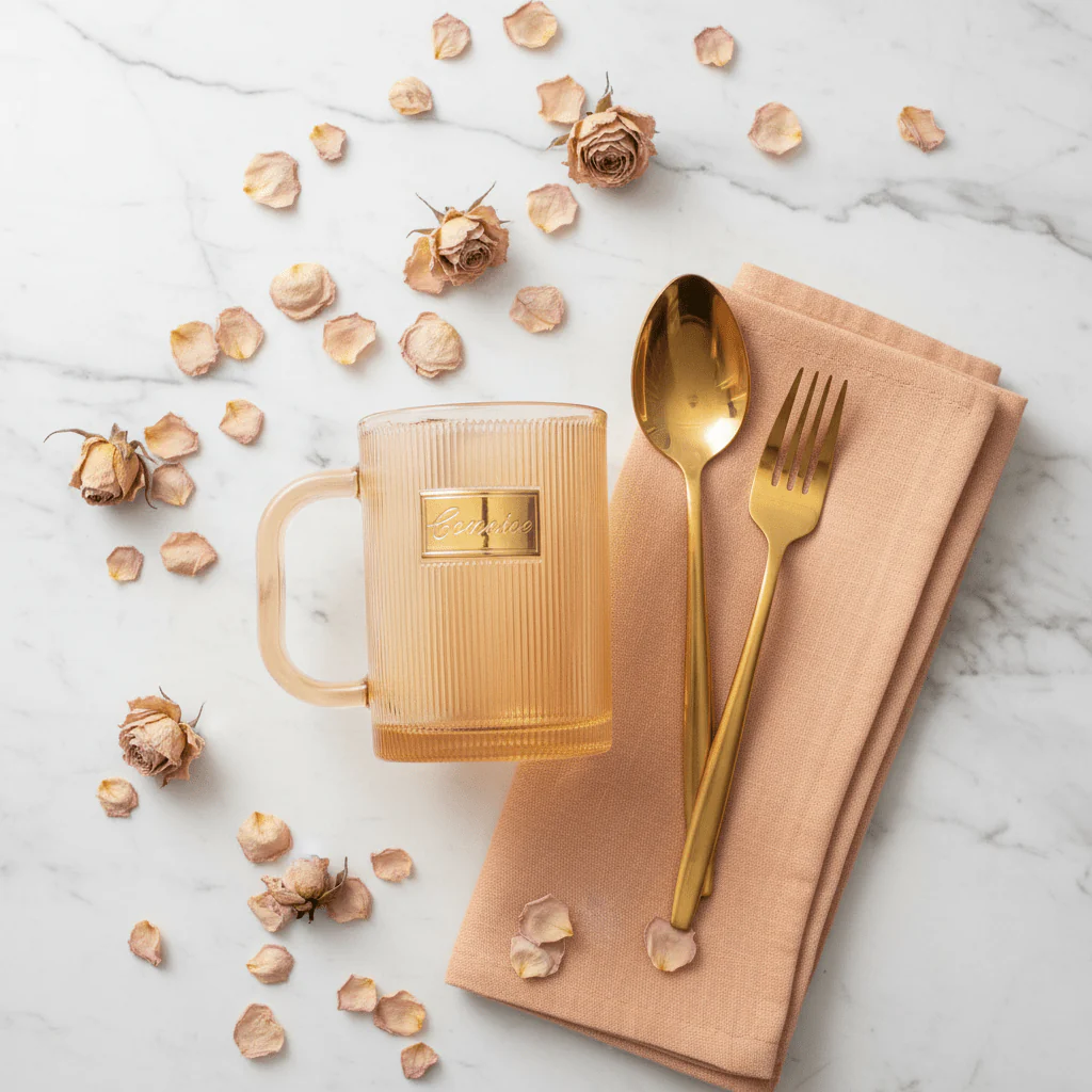 Concise Tinted Peach Ribbed Glass Mug — 300ml | Gold Embossed | Premium Glassware - Image 3