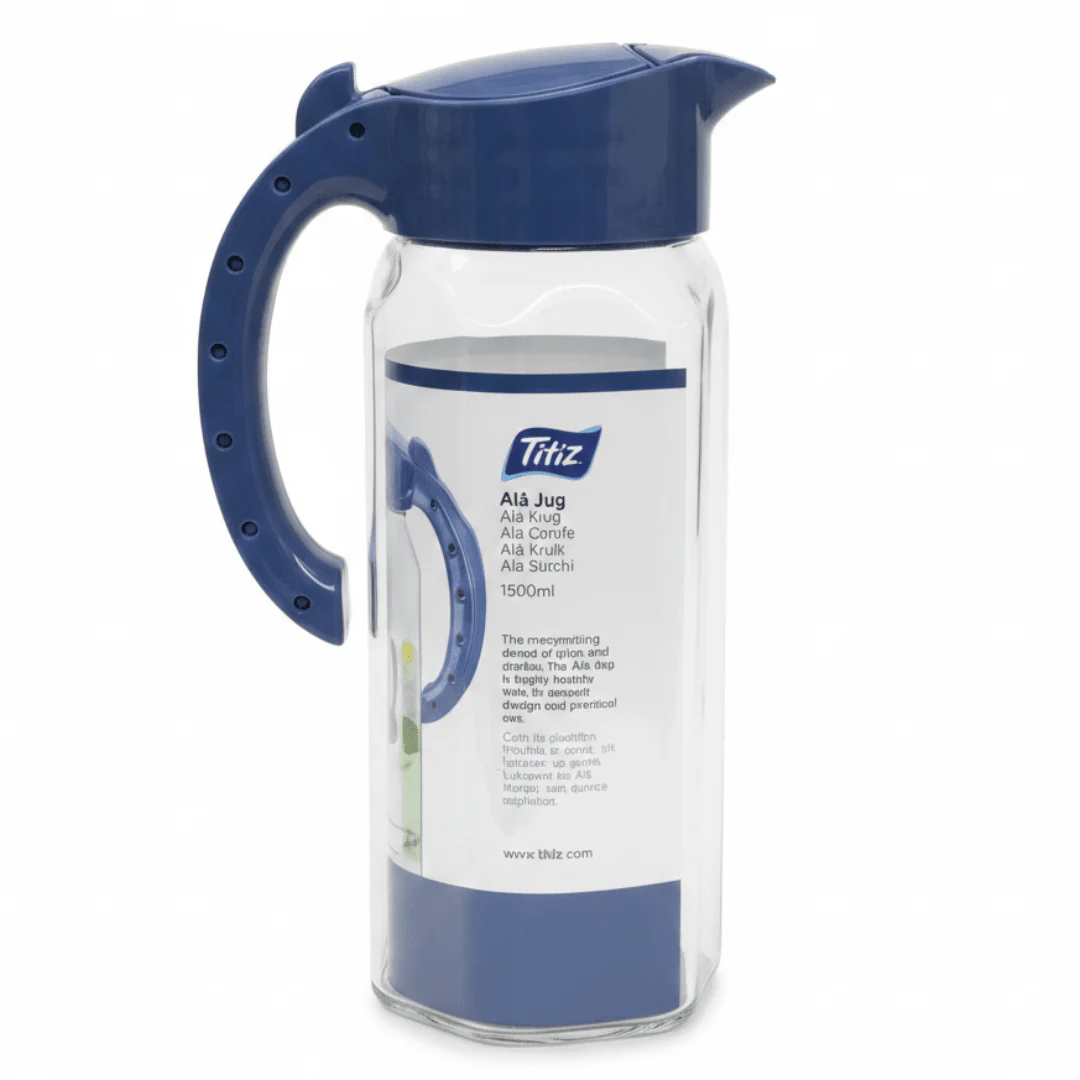 Titiz Alâ Jug 1500ml | Clear Glass Water Jug with Flip Lid | Kitchen Carafe | Navy blue,White,Grey |