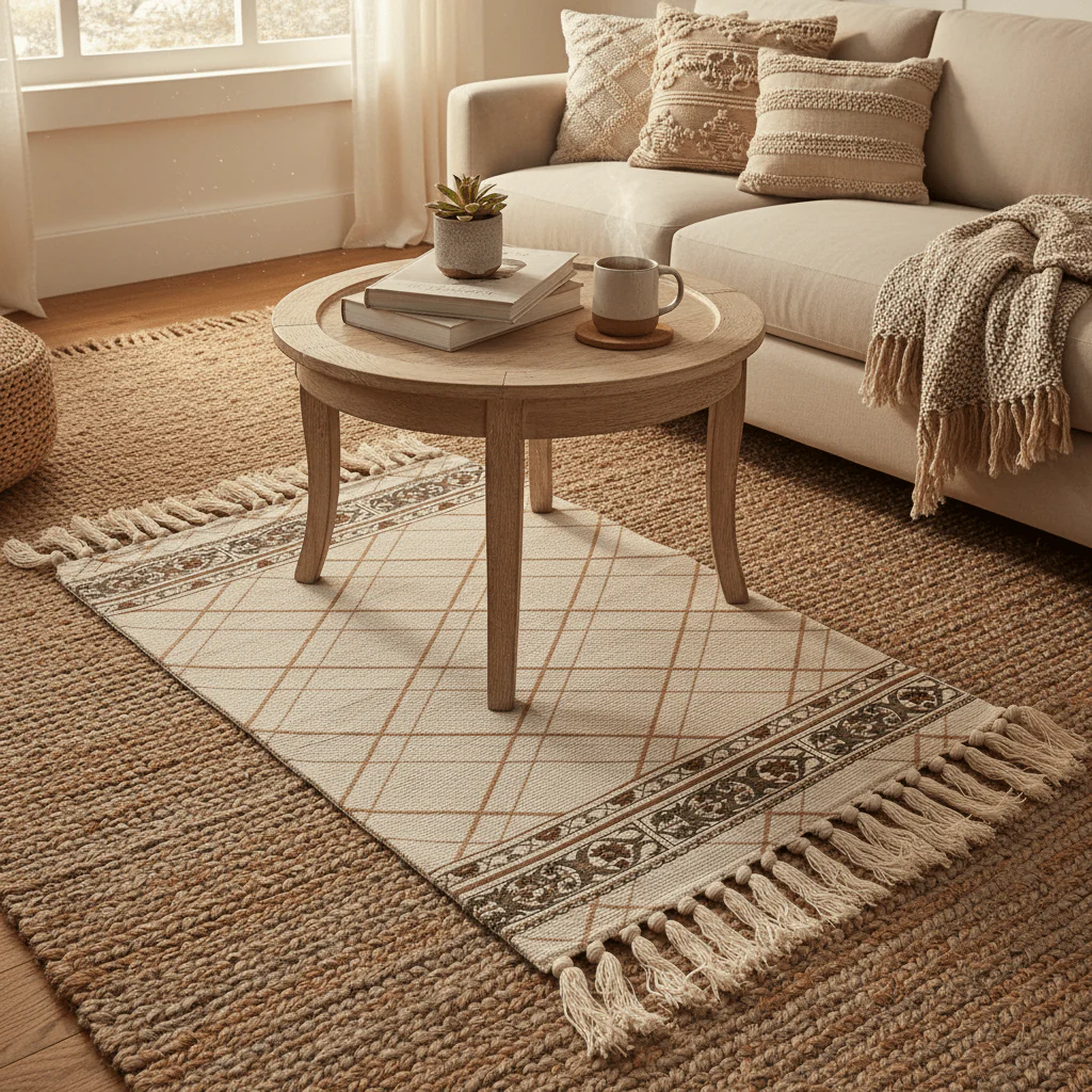Traditional Diamond Lattice Woven Carpet with Tassel Fringe | 50% Cotton 50% Polyester | Cream Ivory | 60 x 90 cm | Handcrafted Flatweave Rug for Living Room, Bedroom & Majlis - Image 2