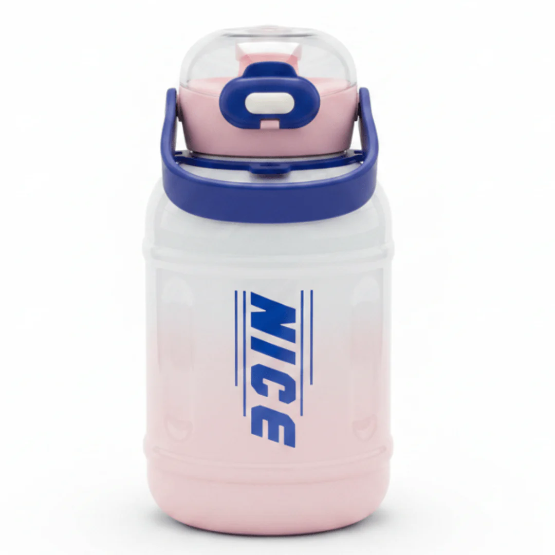 Trendy Pink & White Stainless Steel Vacuum Bottle with Blue Carry Handle 1200ml