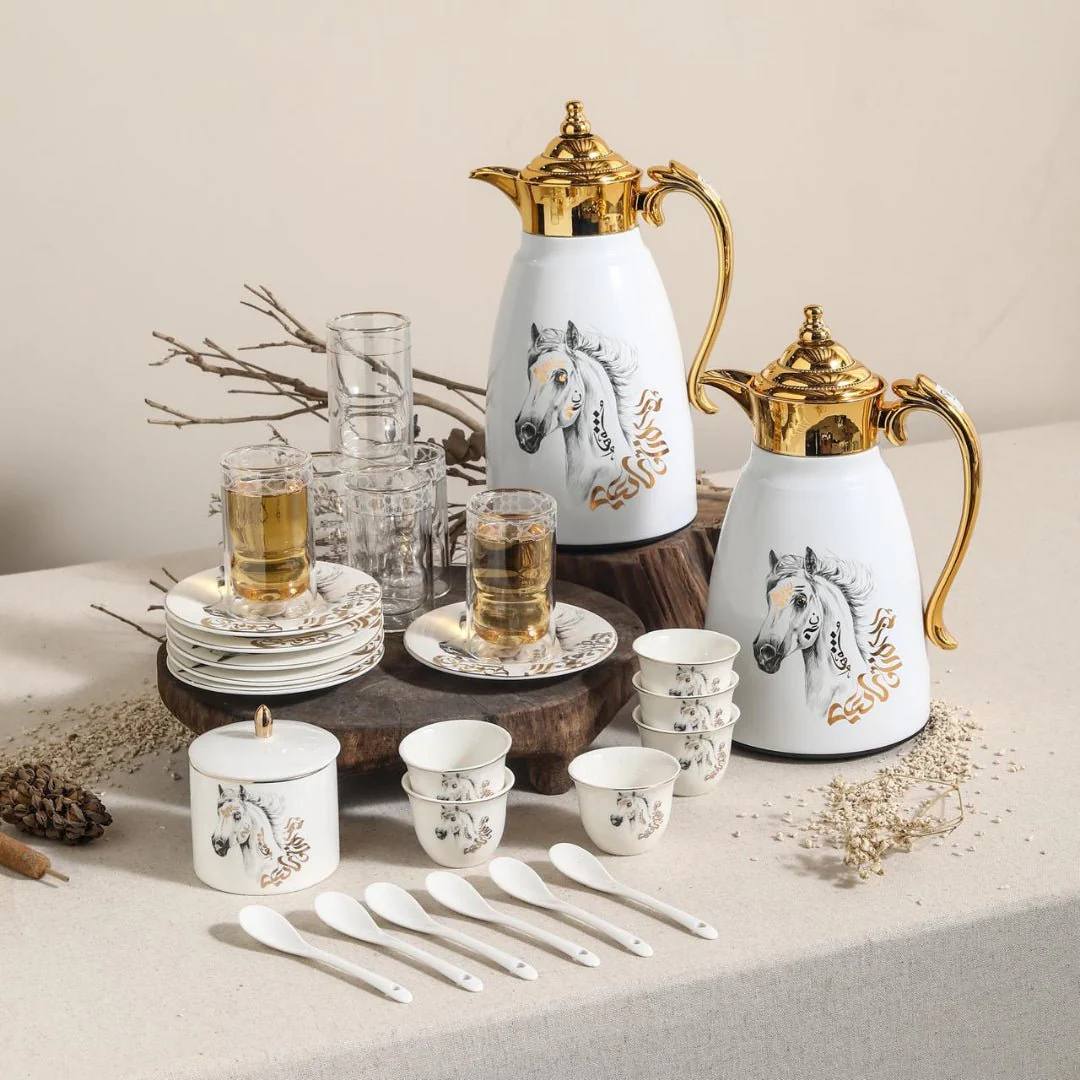 Ugarit Heritage White & Gold Tea and Coffee Serving Set with Elegant Horse Artwork – 21 Pieces