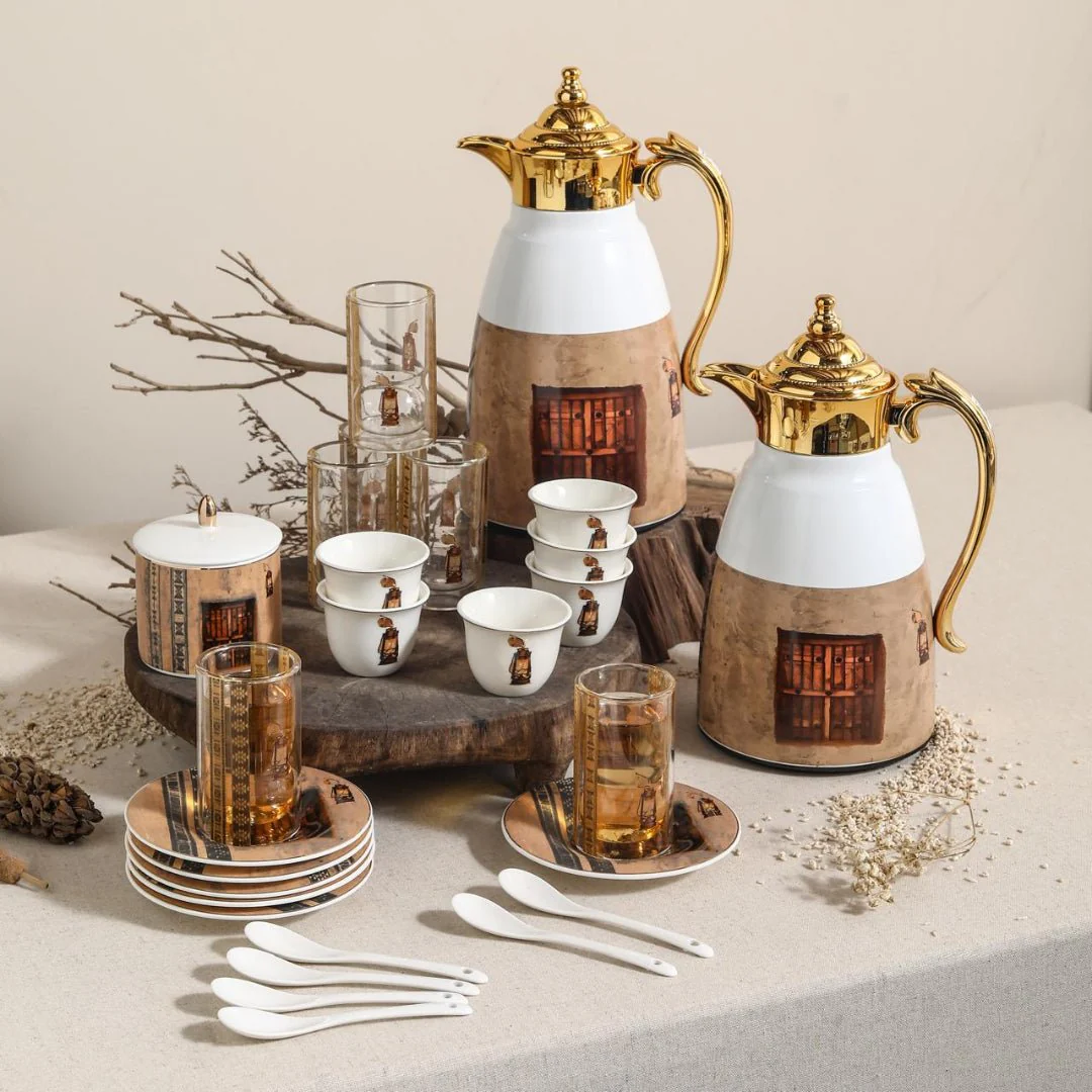 Ugarit Traditional Arabic Pattern White & Gold 21-Piece Tea and Coffee Set – Decorative