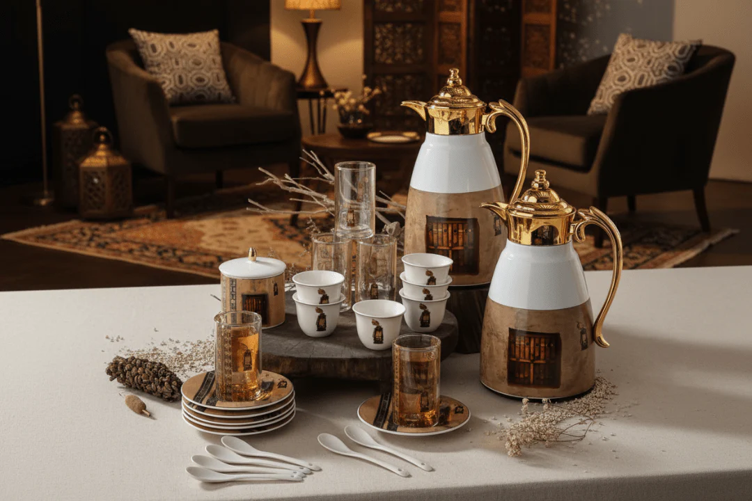 Ugarit Traditional Arabic Pattern White & Gold 21-Piece Tea and Coffee Set – Decorative - Image 2