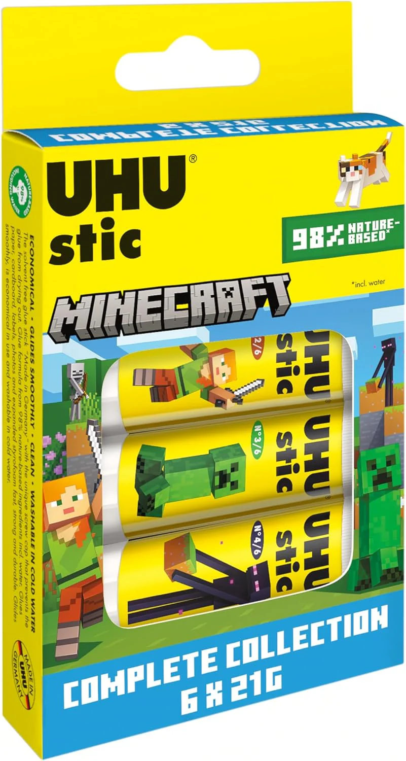 UHU stic the proven glue stick, strong, fast, solvent free, clean, safe & sustainable for school, home, office, kids, arts and crafts, 98% natural, now packed in 50% recycled plastic- 21g pack of 6
