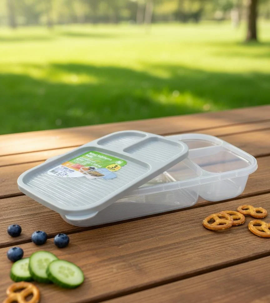 USCAN 3-Compartment Plastic Lunch Box – Durable Bento Food Storage Box, Gray, 240×155×50 mm - Image 2