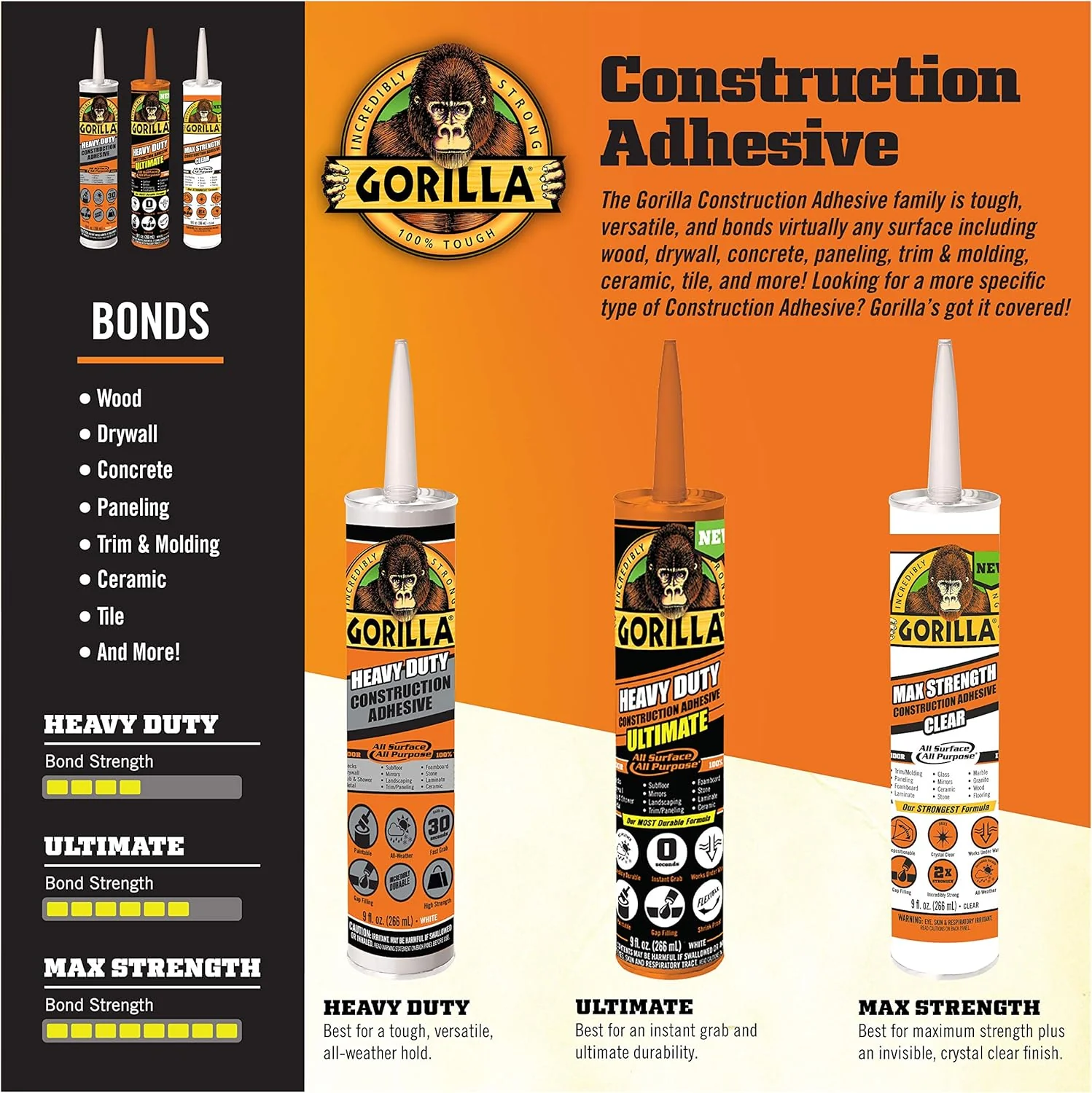 Gorilla Heavy Duty Construction Adhesive, 2.5 ounce Squeeze Tube, White - Image 3