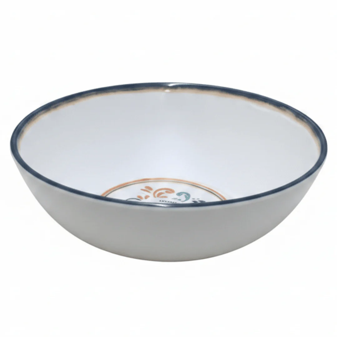 Vague White Melamine Bowl with Navy Blue Rim & Floral Design — 5.25 Inch