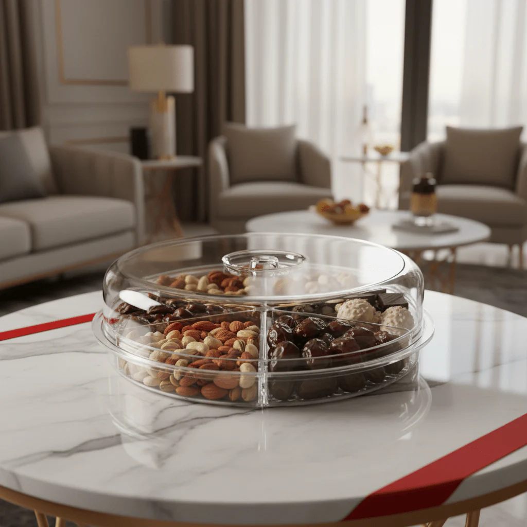 Vague Round Acrylic Candy Box with 4 Inner Bowls | Clear Divided Serving Tray with Dome Lid | 31.5 x 31.5 x 9 cm - Image 2