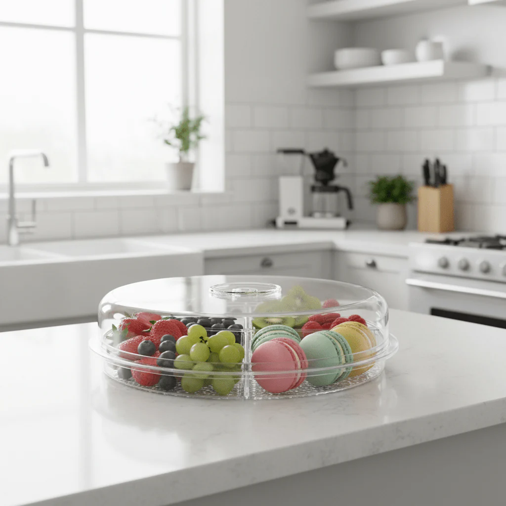 Vague Round Acrylic Candy Box with 4 Inner Bowls | Clear Divided Serving Tray with Dome Lid | 31.5 x 31.5 x 9 cm - Image 3