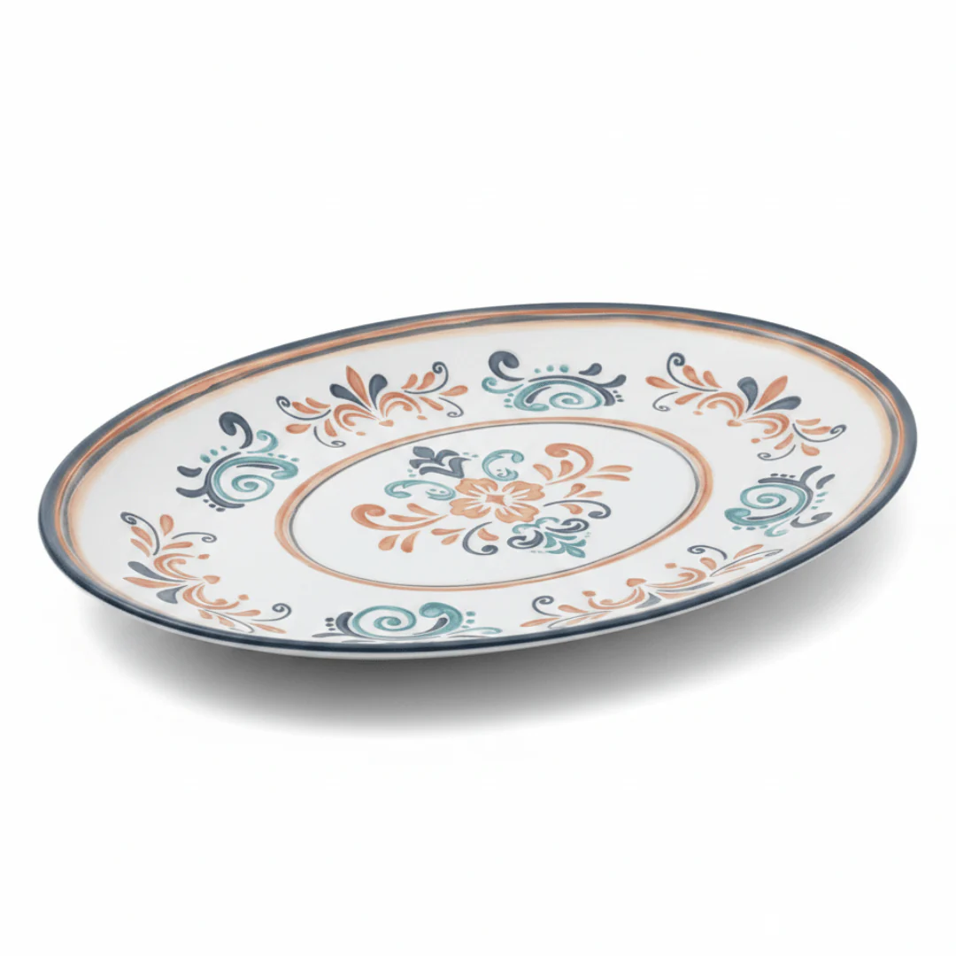 Vague White Oval Melamine Serving Plate with Navy Blue Folk Art Design & Rim — 14 Inch