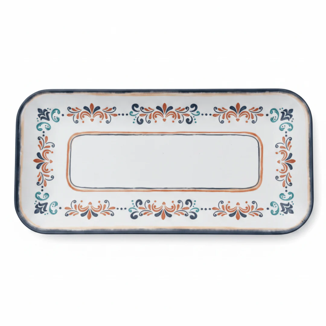 Vague Rectangular Melamine Serving Plate | Navy Blue Folk Art Design | 36×18 cm