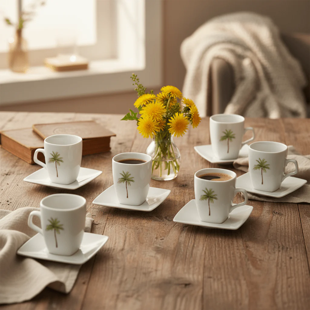 Velvet White Ceramic Cup & Saucer Set With Palm Tree Design – 12 Piece Set | 120ml - Image 2