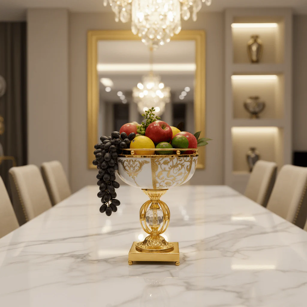 Veranese Bloom Compact Golden Metal Footed white Ceramic Fruit Bowl Elegant Table Centerpiece 24×18cm - Image 2