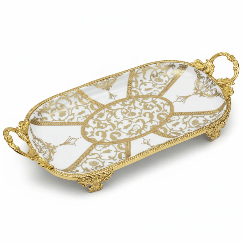 Veranese White Classic Oval Golden Metal Footed Ceramic Fruit Tray Elegant Serving Platter 30×15cm