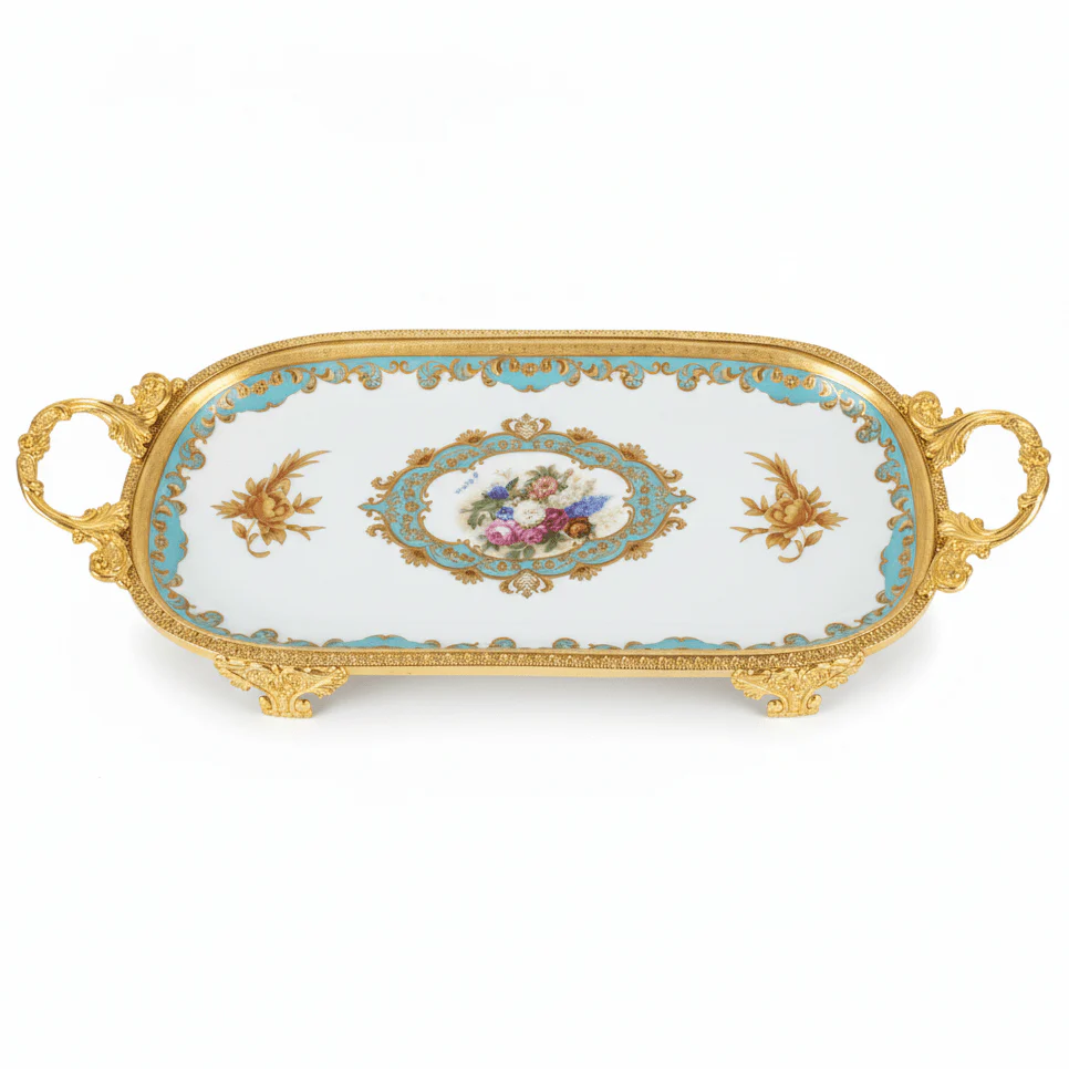 Veranese White Floral Oval Golden Metal Footed Ceramic Fruit Tray Flower Design Serving Dish 30×15cm