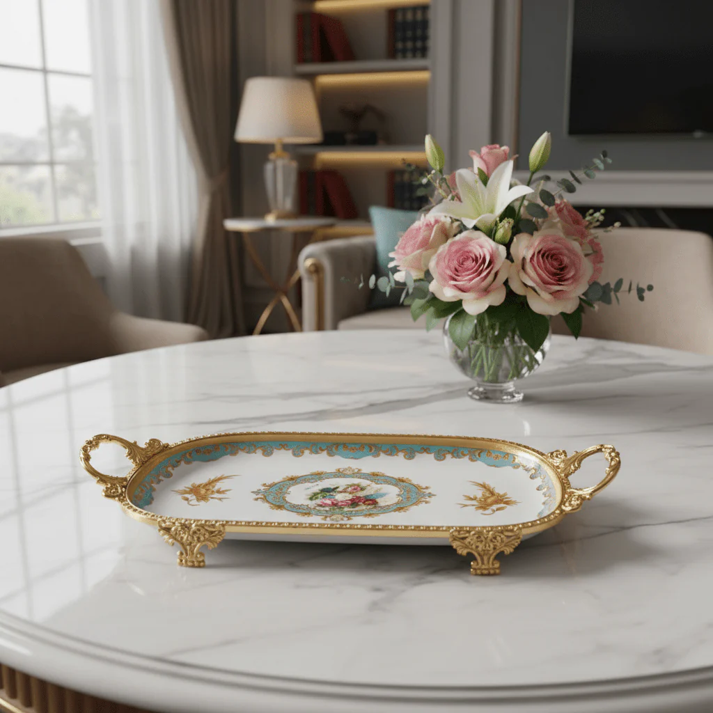 Veranese White Floral Oval Golden Metal Footed Ceramic Fruit Tray Flower Design Serving Dish 30×15cm - Image 2