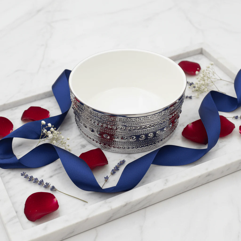 Verucci Elegant White Ceramic Dates Bowl with Silver Metal Stand & Lid – 8.5 Inch - Image 4