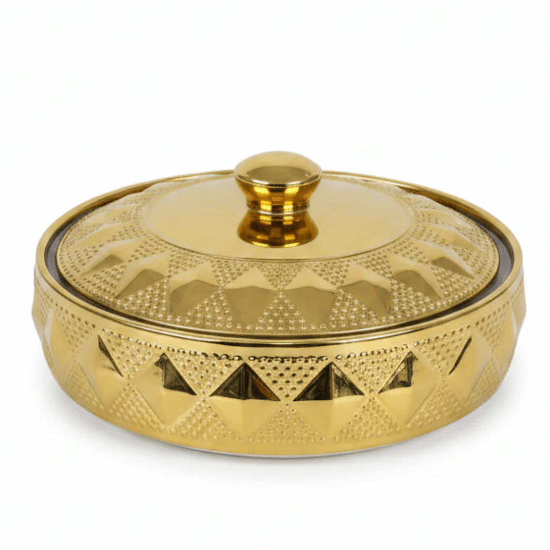 Verucci Luxury Gold & White Ceramic Serving Bowl with Lid — 8 Inch / 9 Inch | Embossed Diamond Pattern | Elegant Tableware for Home & Hospitality