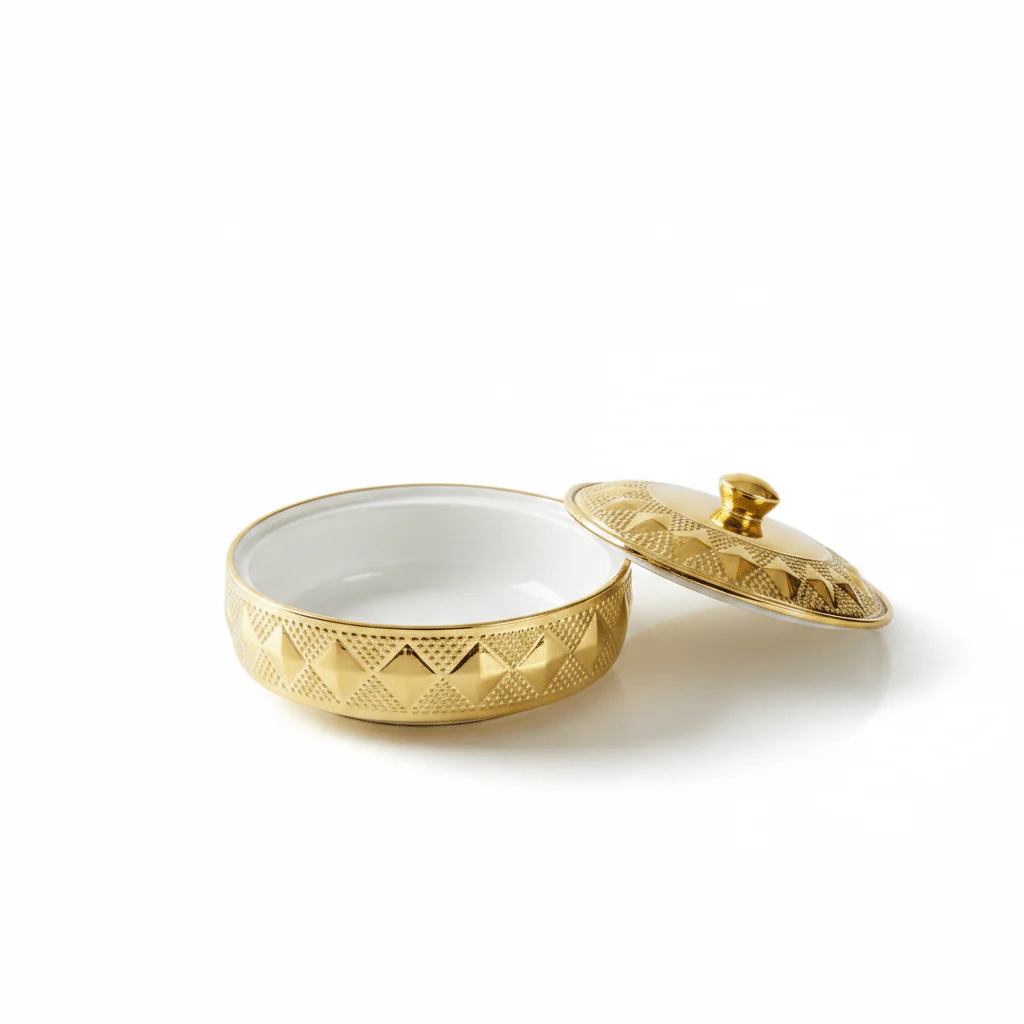 Verucci Luxury Gold & White Ceramic Serving Bowl with Lid — 8 Inch / 9 Inch | Embossed Diamond Pattern | Elegant Tableware for Home & Hospitality - Image 4