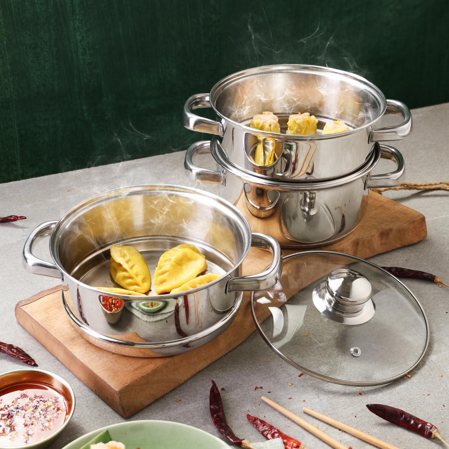 Vinod 24cm 3-Tier Stainless Steel Idli Steamer with Glass Lid – Heavy Base Cooker - Image 5