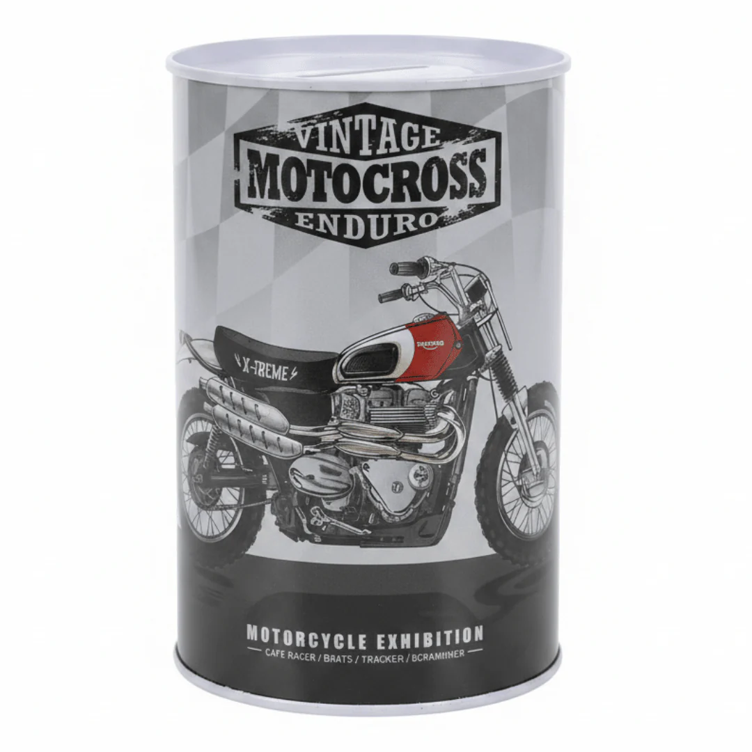Vintage Motocross Enduro Metal Coin Piggy Bank Tin Can | Motorcycle Exhibition Savings Box | 13×8cm | Perfect Gift for Bike Lovers & Kids