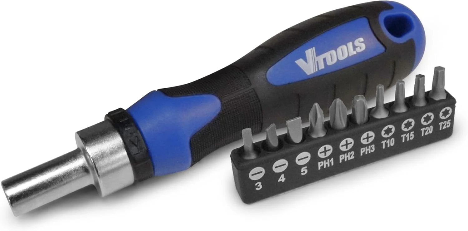 Vtools 11 PC Ratchet Screwdriver Set With Bits, 72-Tooth, High-Torque Reversible Mechanism, Ergonomic Handle, Precision CRV Steel Bit Holder, Ideal for Professional and DIY Use,VT2255