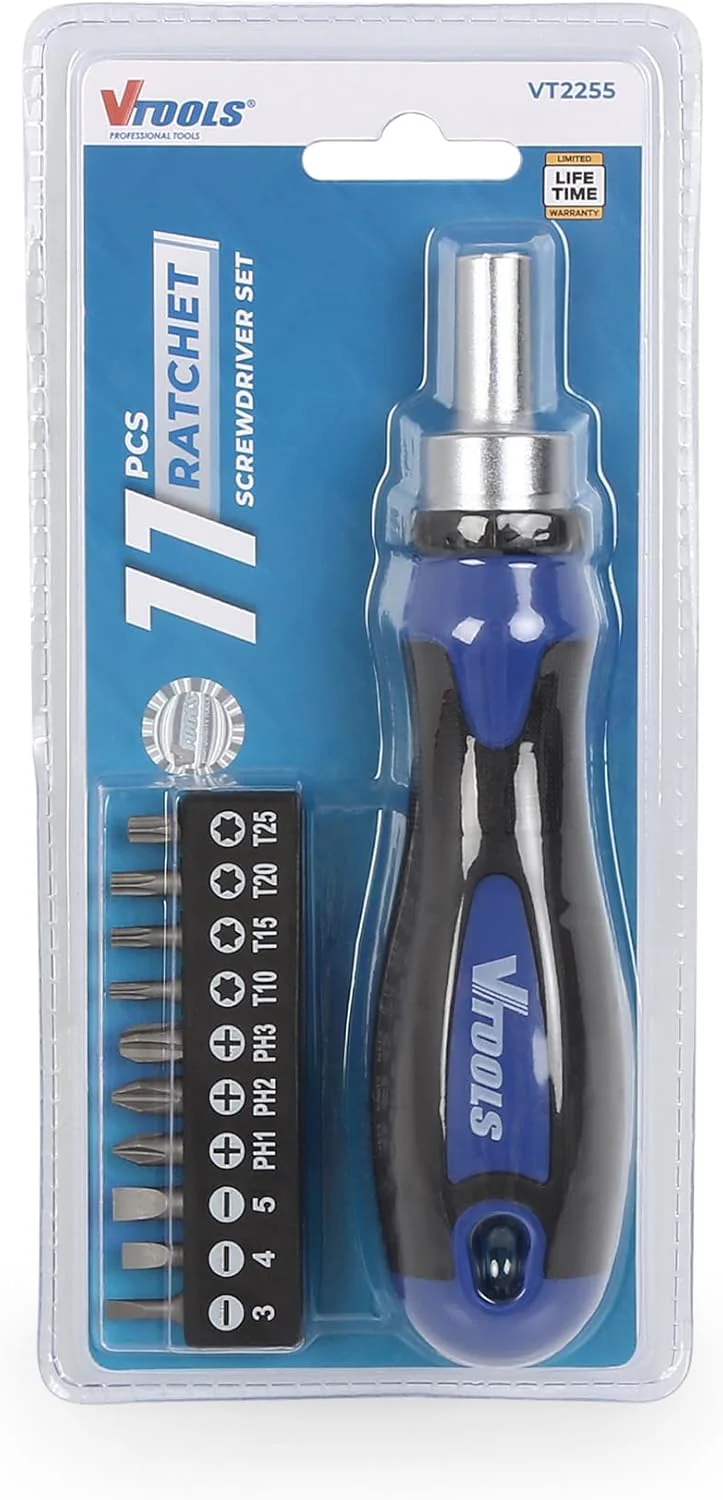 Vtools 11 PC Ratchet Screwdriver Set With Bits, 72-Tooth, High-Torque Reversible Mechanism, Ergonomic Handle, Precision CRV Steel Bit Holder, Ideal for Professional and DIY Use,VT2255 - Image 2