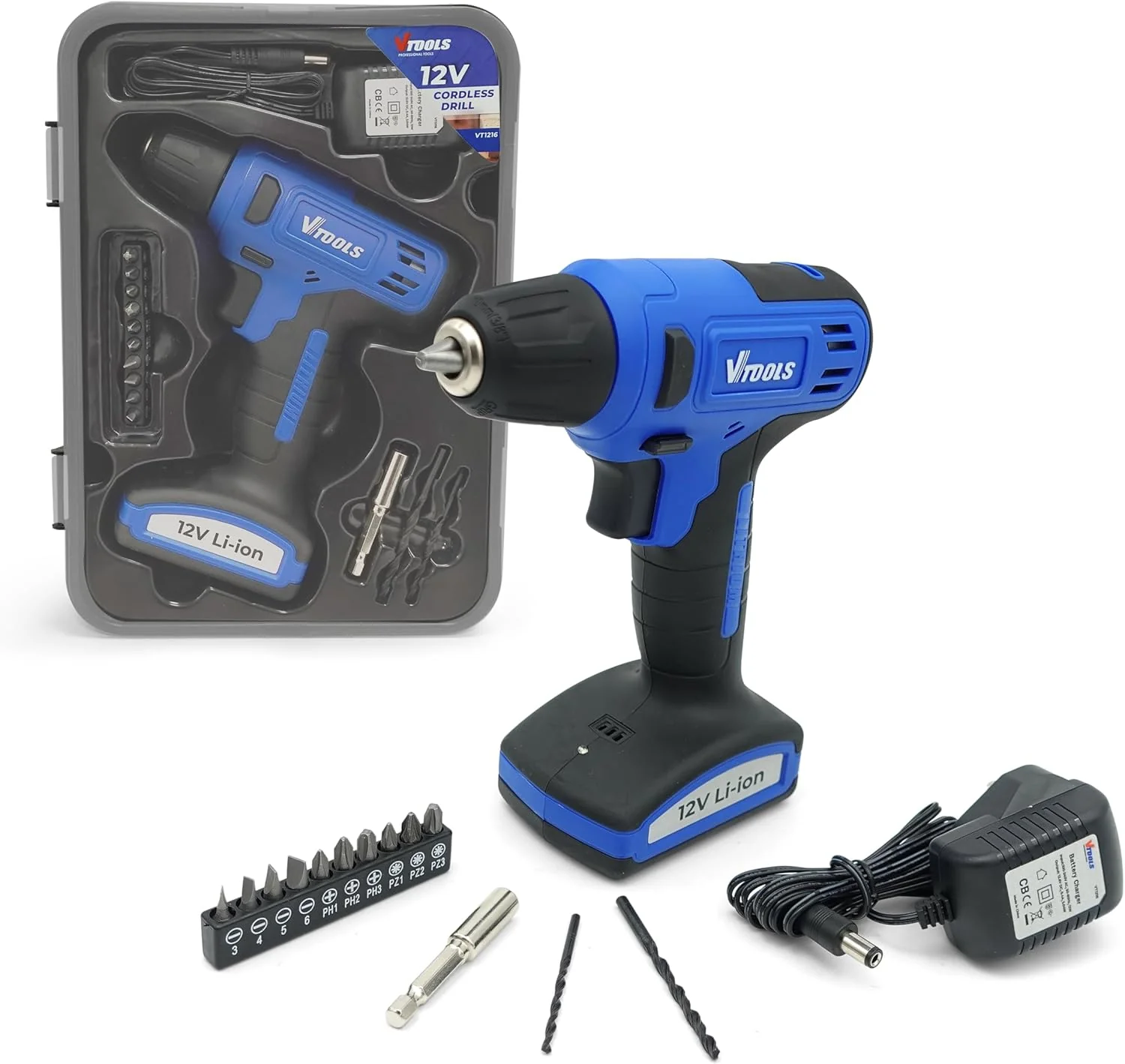 Vtools 12V Cordless Drill Driver With 13 Piece Bits Set, 850 RPM, with Built-In Lithium-Ion 1.5Ah Battery, 16NM Torque, 10mm Chuck for Efficient Drilling & Fastening, 2 Years Warranty, VT1216