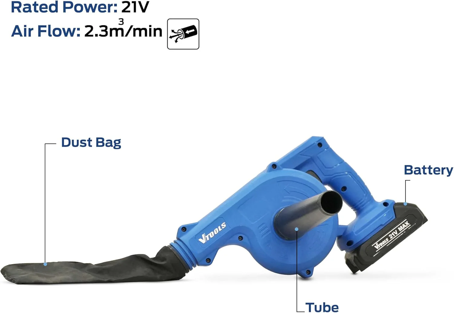 VTOOLS 21V Cordless Electric Blower with 2×1500mAh Li-ion Batteries, Lightweight Handheld Air Blower for Cleaning Leaves Dust Debris, Includes Charger & Accessories Set, VT1226 - Image 4