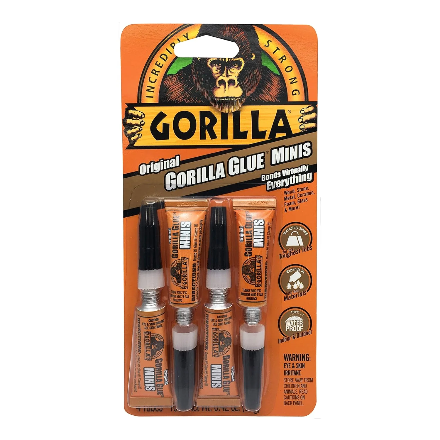 Gorilla Original Glue Mini Tubes β 4 Pack, 3g Each, Brown Waterproof Formula