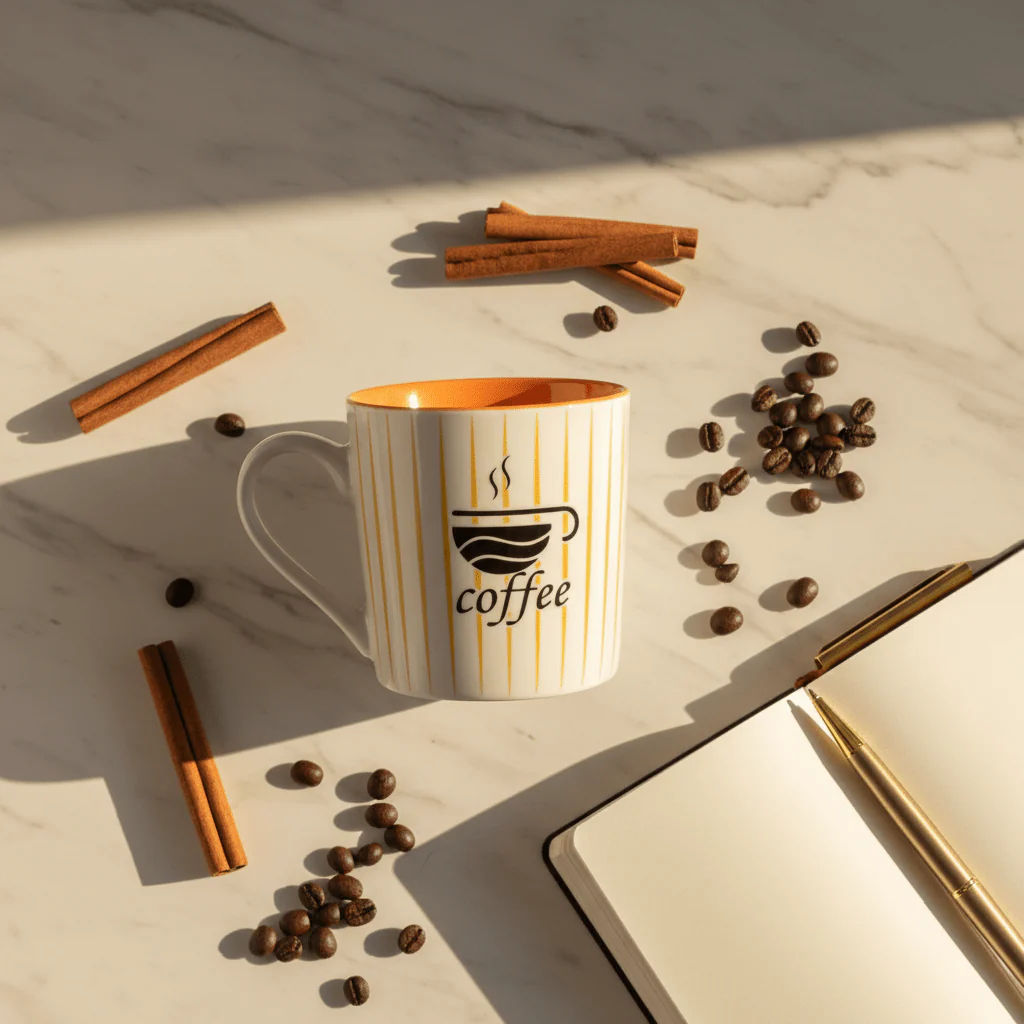 Orange & White Ceramic Coffee Mug — 300ml | Gold Pinstripe Design - Image 3